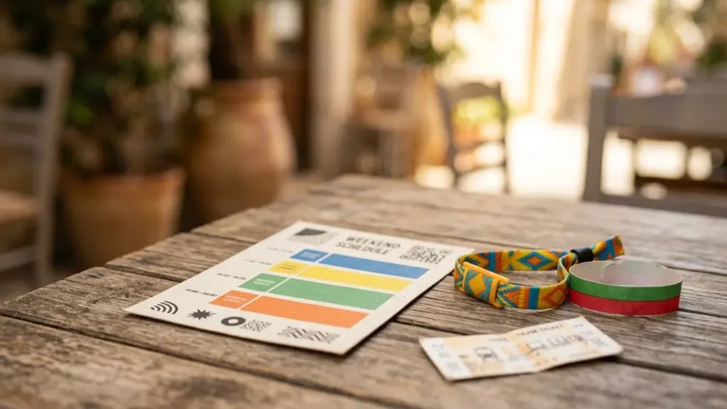 Un programme de week-end coloré, un bracelet de festival et un ticket sur table