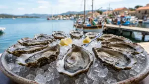 Un plateau d'huîtres fraîches sur un lit de glace avec des quartiers de citron.