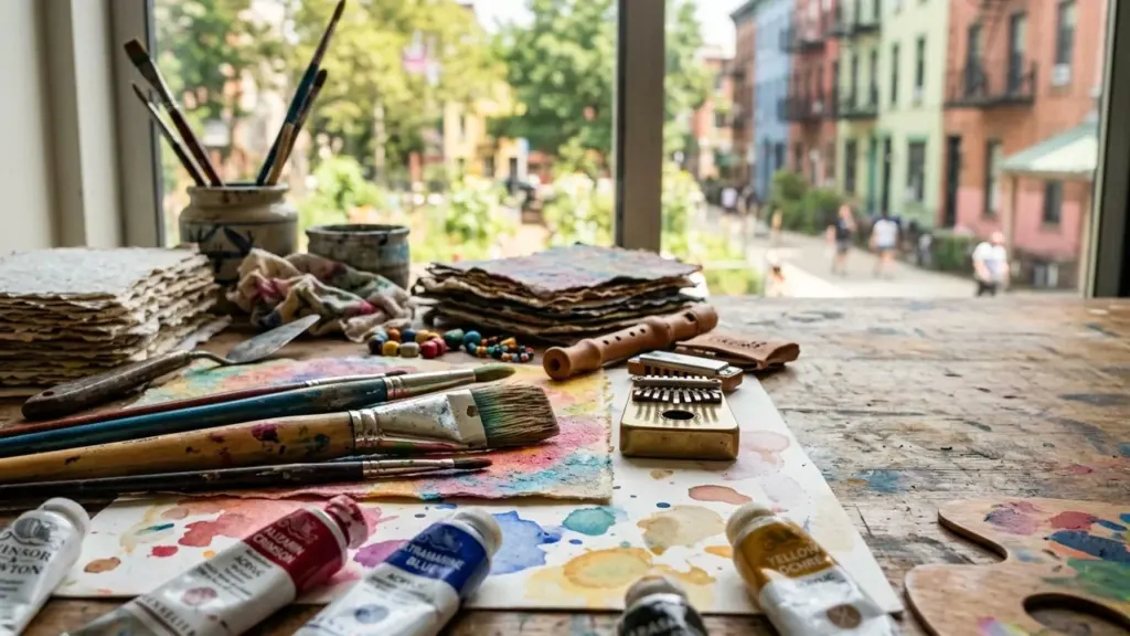 Vue d'un atelier d'artiste avec des pinceaux, des peintures et des instruments de musique.