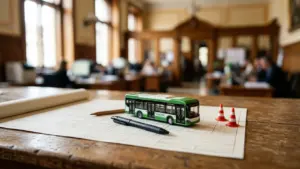 Un petit bus électrique miniature posé sur un plan d'architecte dans un bureau.