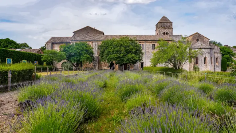 Une abbaye historique en pierre surplombée par un champ de lavande en fleurs.