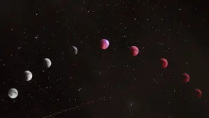Une illustration montrant les différentes phases d'une éclipse lunaire sur un ciel étoilé.
