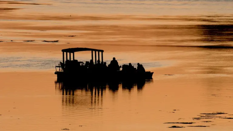 Silhouettes de passagers sur un bateau de croisière fluvial au coucher du soleil.