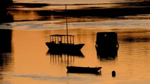 Silhouette de bateaux traditionnels sur la Loire à Orléans lors du coucher du soleil.