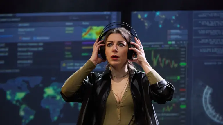 Une femme surprise porte un casque audio devant des écrans de données numériques lumineuses.