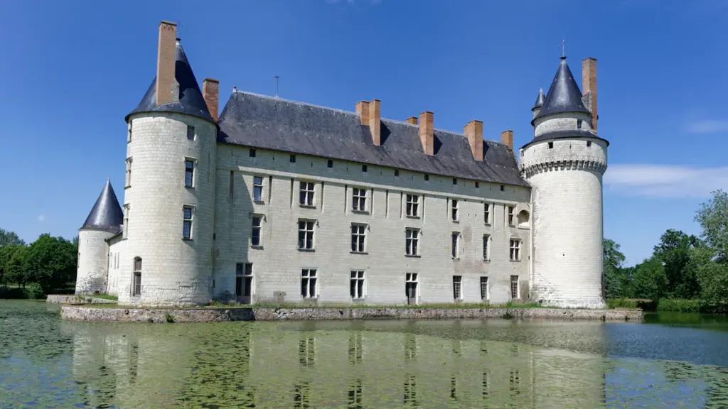 Château historique avec douves entouré d'arbres dans la région de la Loire en France.