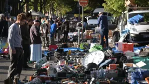 Des gens parcourent des objets d'occasion étalés sur des bâches lors d'un vide-grenier ensoleillé.