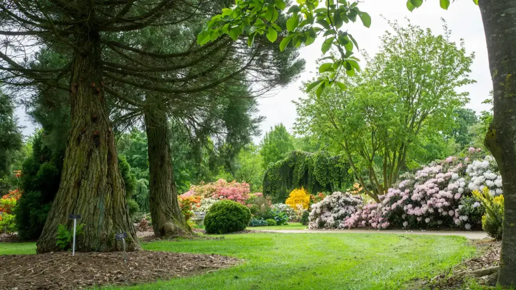 Allée arborée et massifs de rhododendrons en fleurs aux jardins Mallet-Stevens à Croix.