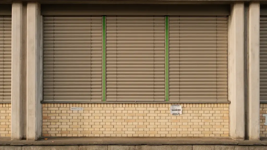 Volets métalliques fermés sur une façade en briques dans une rue commerçante européenne.